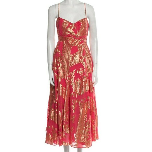 Diane Von Furstenberg Pink Silk Blend Print V Neck Full Skirt Midi Length Dress